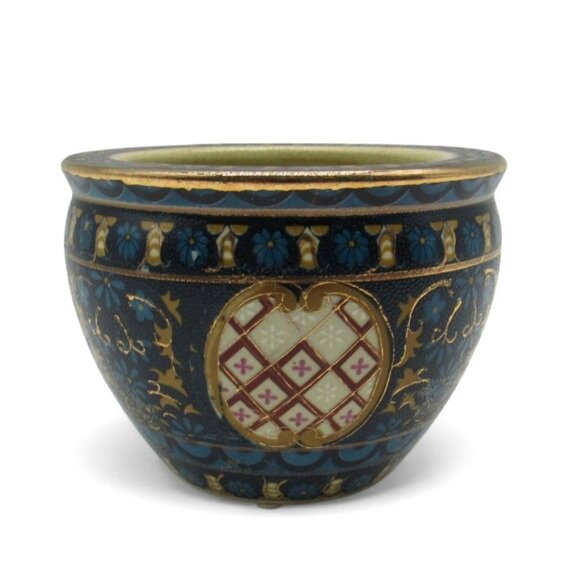 FISH BOWL Ming Dynasty Floral Butterfly Bird Blue And Gold Accents 5" Vintage - Picture 2 of 10